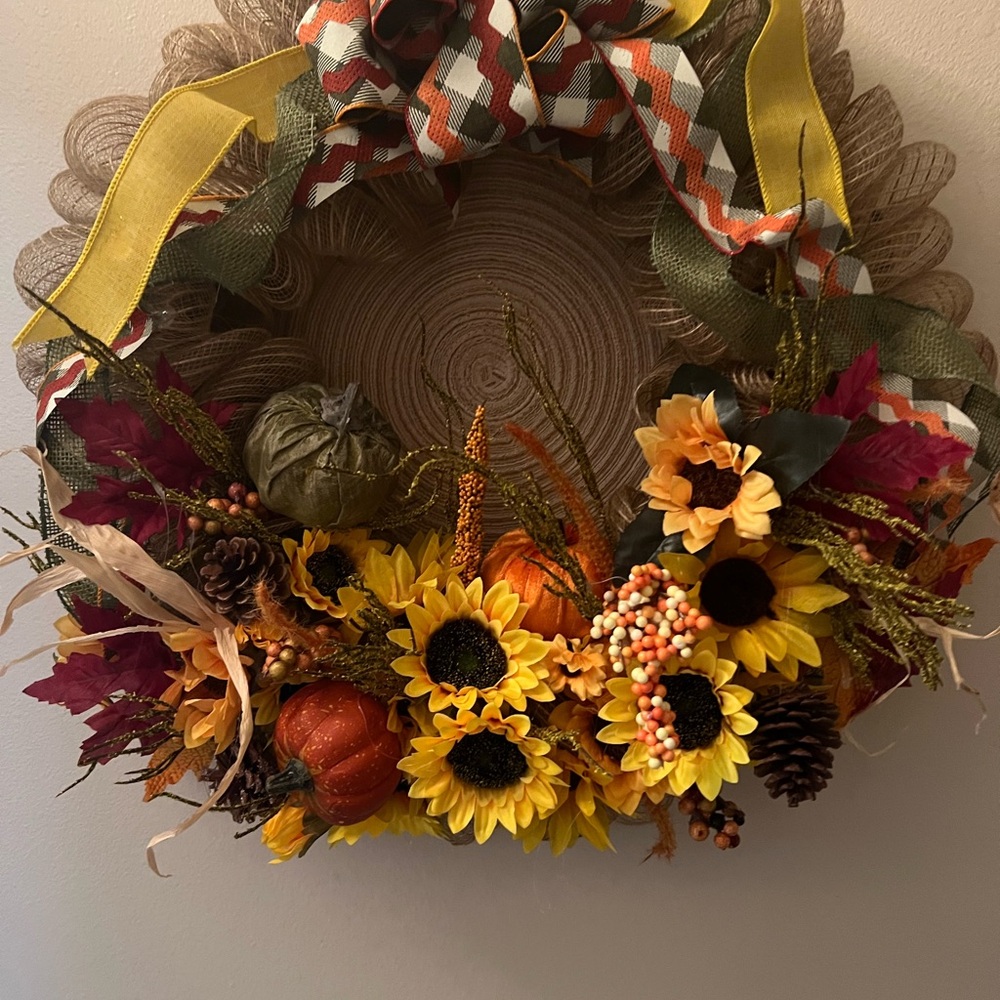 Autumn Harvest Wreath with Sunflowers and Pumpkins